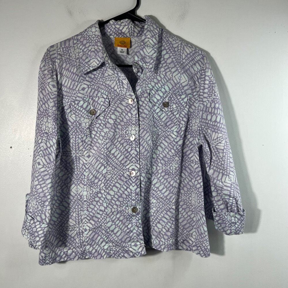 Womens Ruby Rd Linen Button Shirt Jacket Linen M Lavendar White